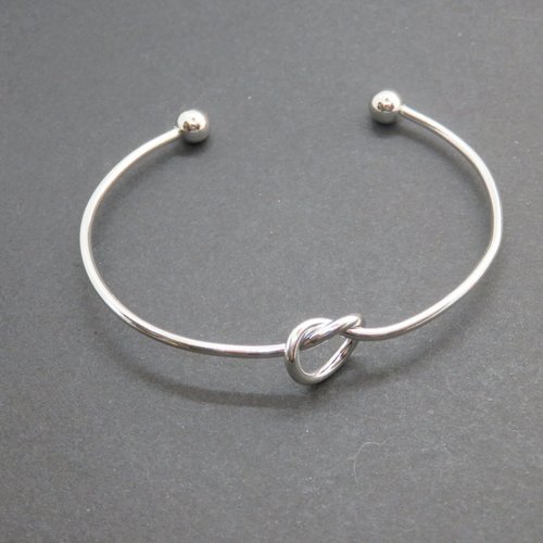 Bracelet manchette jonc ajustable nœud en métal argenté