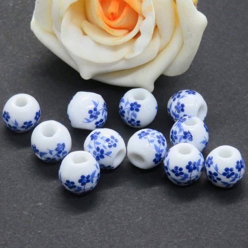 10 perles rondes porcelaine fleurs bleues 10 mm
