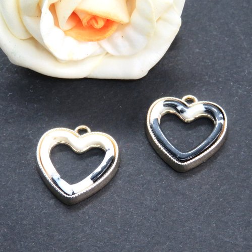 2 breloques / pendentifs cœur doré marbré noir et blanc 19 x 18 mm