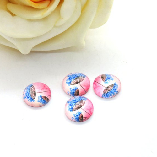 4 cabochons en verre fleur de pissenlit rose bleu 8 mm