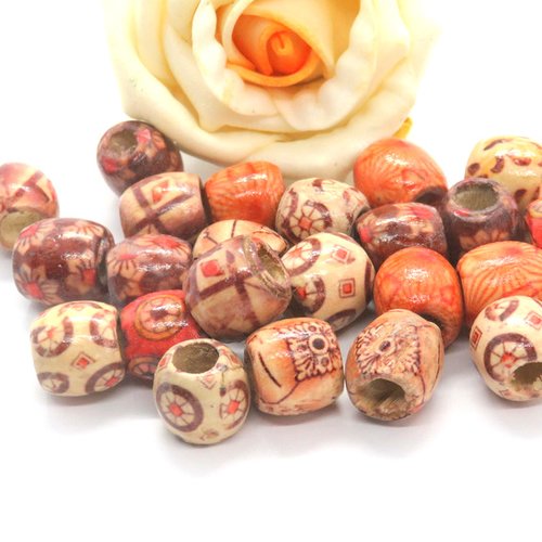 40 perles en bois tonneau imprimé fleurs orange marron...