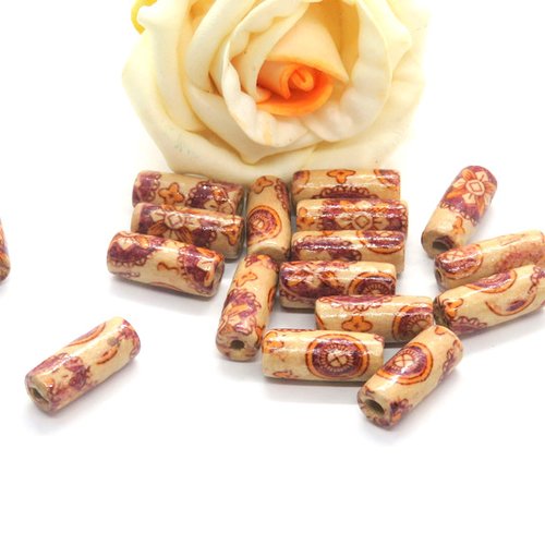 40 perles en bois cylindriques imprimés fleurs beige prune
