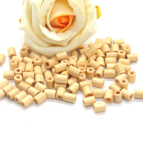 50 perles en bois cylindriques beige