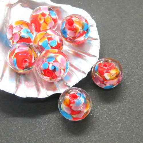 4 perles de verre fleurs rouge jaune et bleue 12 mm