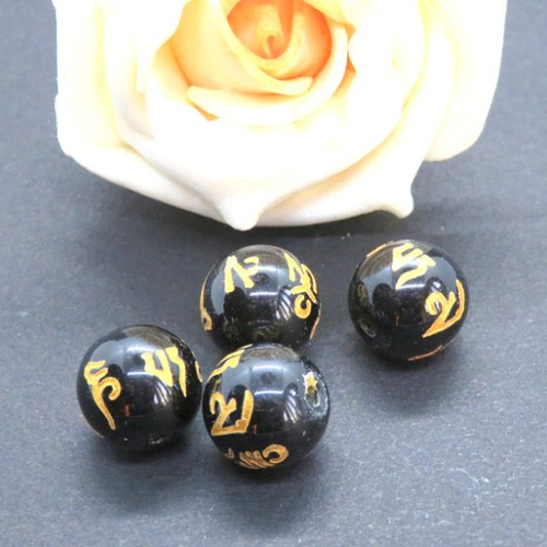 5 perles en verre mantra bouddhiste noire doré 12 mm