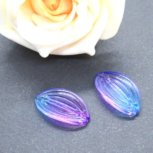 2 perles façon murano verre feuille bleue violette  21 x 12 mm