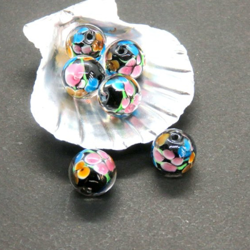 4 perles de verre fleurs noire rose et bleue 12 mm