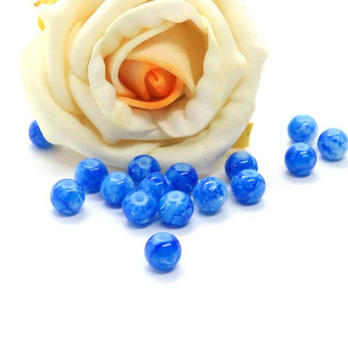 10 perles de verre veinée bleue 6 mm