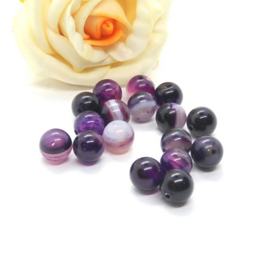 10 perles agate violette rayée 8 mm