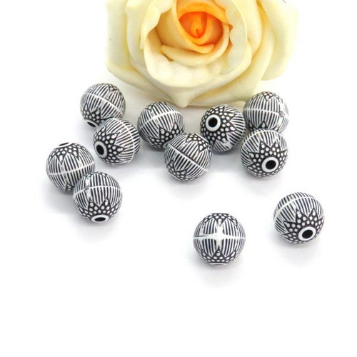 10 perles ethnique acrylique grise rayé 11 mm