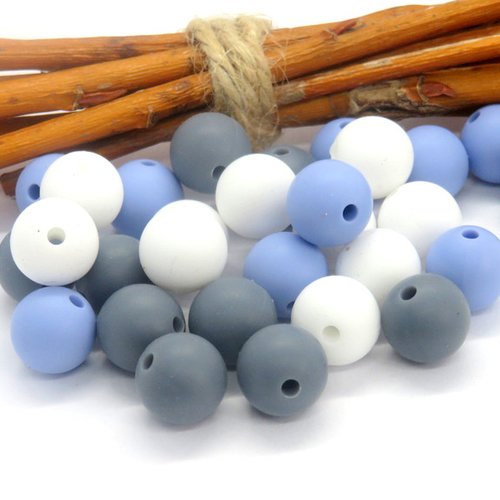 10 perles en silicone alimentaire 3 couleurs bleu gris blanc 12 mm