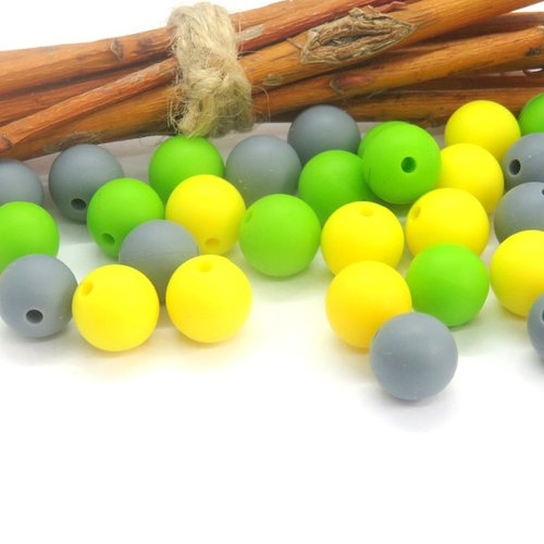 10 perles en silicone alimentaire 3 couleurs verte grise jaune 12 mm