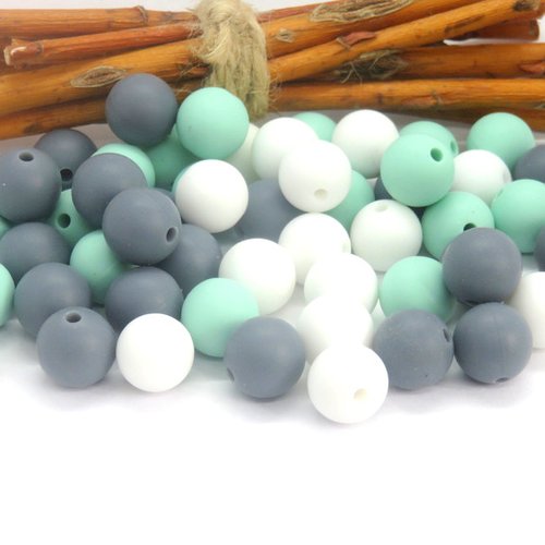 10 perles en silicone alimentaire 3 couleurs vert menthe blanche grise 12 mm