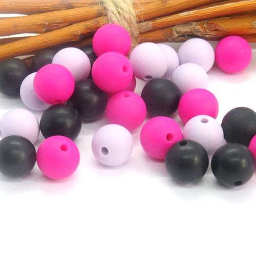10 perles en silicone alimentaire 3 couleurs violet noir fuchsia 12 mm