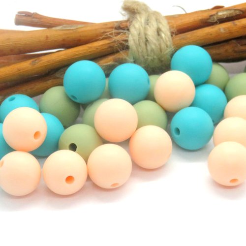 10 perles en silicone alimentaire 3 couleurs vert saumon turquoise 12 mm
