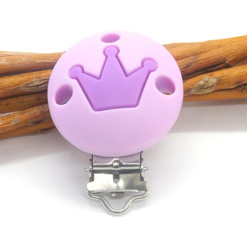 Pince clip attache tétine silicone ronde couronne mauve violet