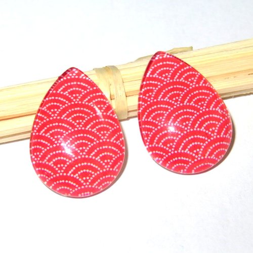 2 cabochons en verre motif japonais rouge 25 x 18 mm