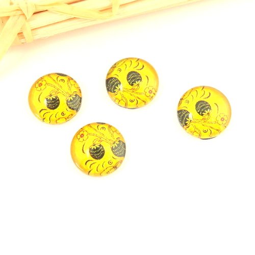 4 cabochons en verre fleurs japon jaune noir... 12 mm