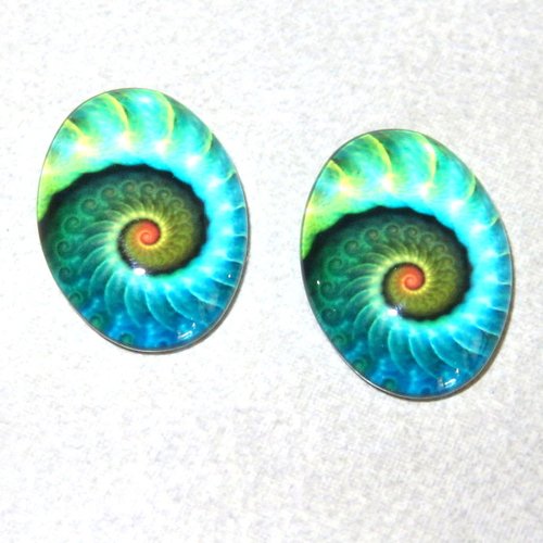  cabochon en verre ovale spirale fractale turquoise 18 x 25 mm