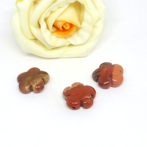 3 perles fleur pierre jaspe marron rouge brique 15 mm