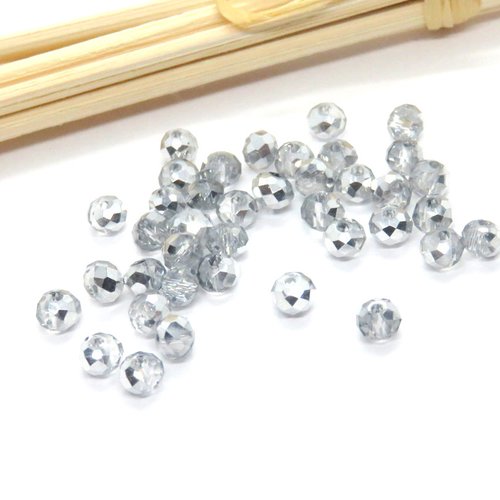 20 perles cristal à facettes argenté/blanche 3 x 4 mm