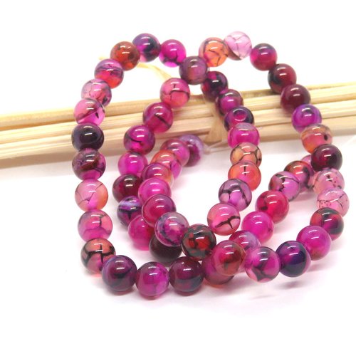 10 perles agate veine de dragon fuchsia/noire 6 mm 