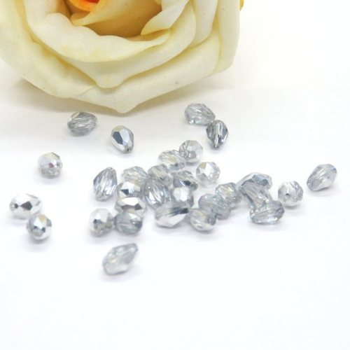 30 perles cristal à facettes petite olive argenté/blanc 3 x 5