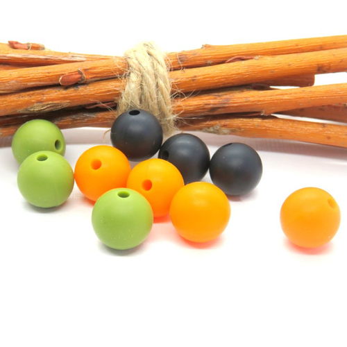 10 perles en silicone alimentaire 3 couleurs vert orange noir 12 mm