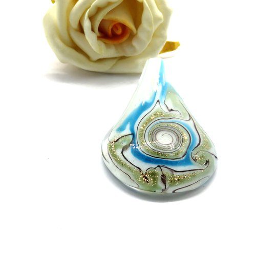 Pendentif en verre goutte blanc bleu et dorure