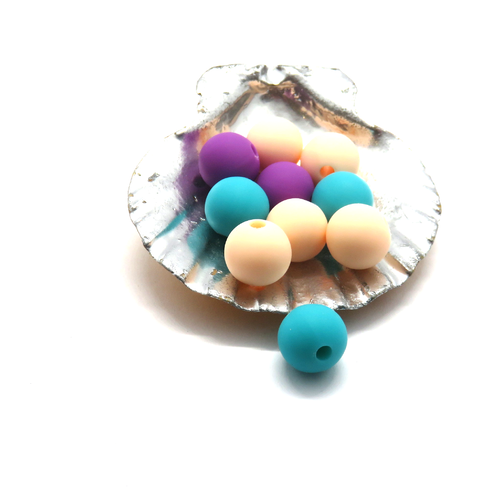 10 perles en silicone dans les tons de pêche, turquoise et violette 9 mm