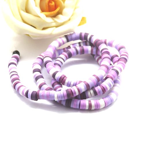 Fil 350 perles heishi polymère prune violette blanche 4 mm