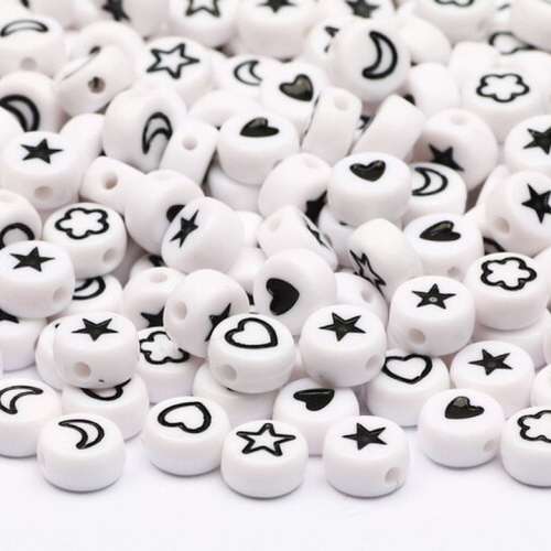 50 perles rondes formes mixtes acrylique blanche et noire 7 mm