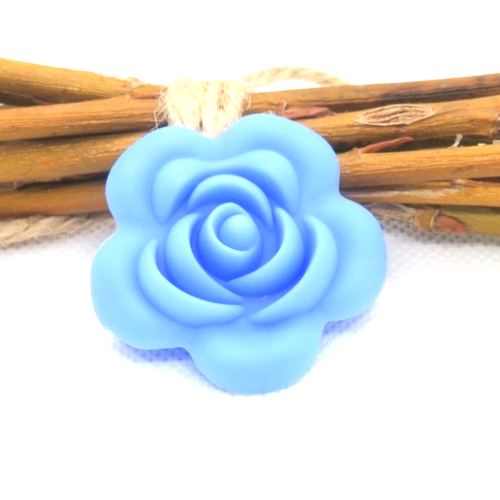 Perle fleur en silicone bleu dentition création attache tétine, hochet...