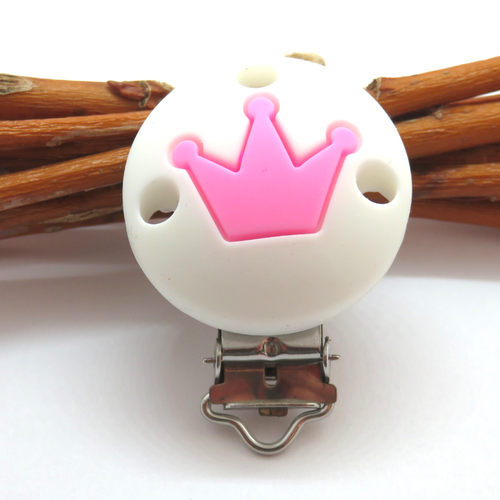 Pince clip attache tétine silicone blanche couronne rose