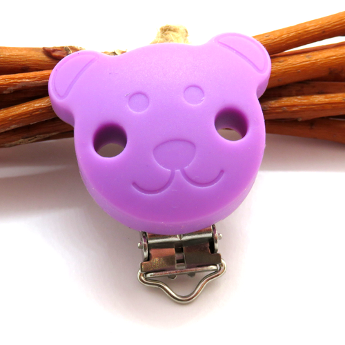 Pince clip attache tétine silicone tête d'ours violette