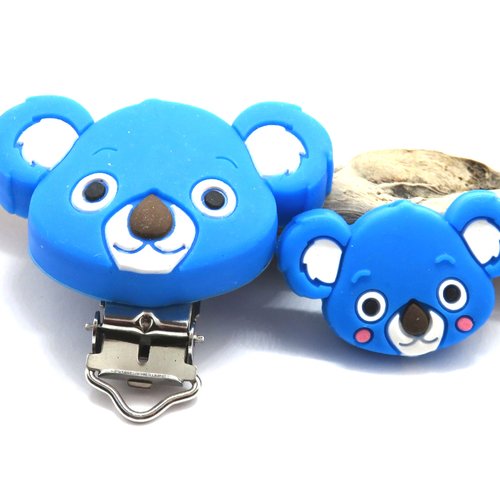 Pince clip et perle koala assortie silicone bleue