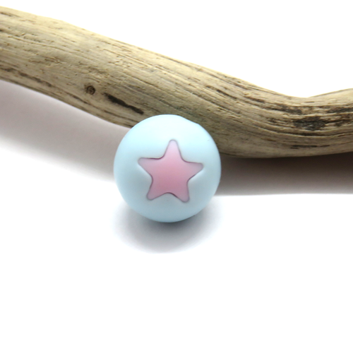 Perle ronde étoile en silicone bleu ciel/rose15 mm