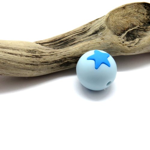 Perle ronde étoile en silicone bleu ciel/bleu 15 mm