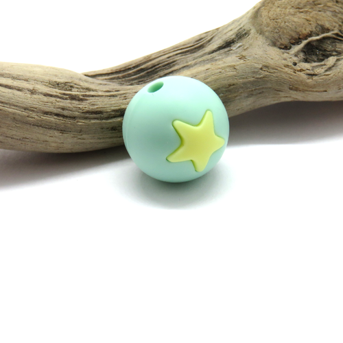 Perle ronde étoile en silicone vert/jaune 15 mm
