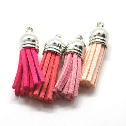 Lot de 4 pompons / gland suédine coupole argentée rose, fuchsia