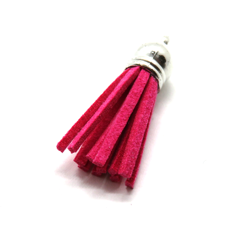 Pompon / gland suédine coupole argentée rose fuchsia