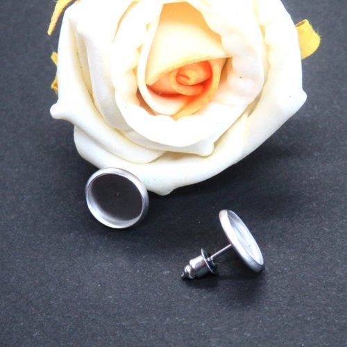 4 boucles d'oreilles support cabochon 12 mm acier inoxydable puce argentée