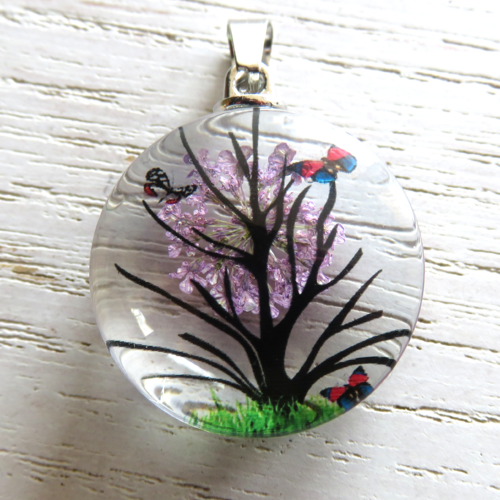 Pendentif en verre arbre de vie violet fleur séchée