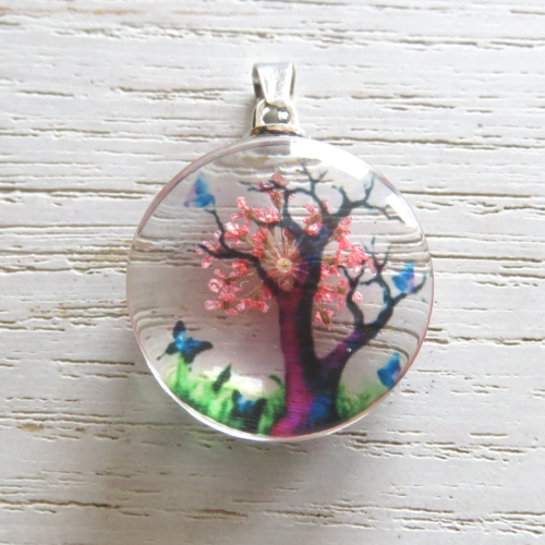 Pendentif en verre arbre de vie rose saumon fleur séchée