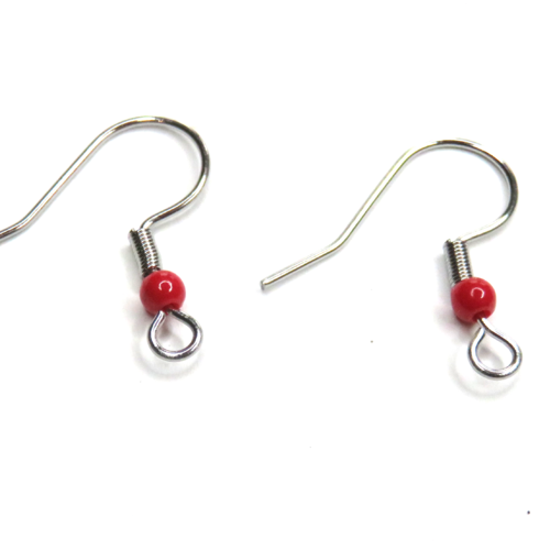 2 crochets boucles d'oreilles acier inoxydable perle acrylique rouge