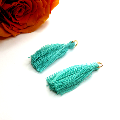 5 pompons mini-glands vert turquoise anneau doré