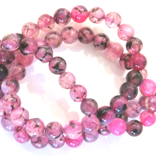 10 perles agate veine de dragon rose/noire 6 mm