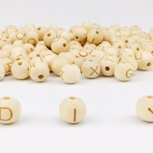 Perle ronde alphabet en bois 14 mm u