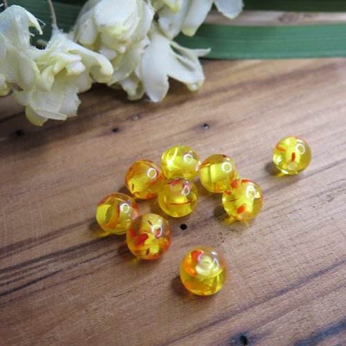 10 perles bicolore acrylique jaune rouge 6 mm