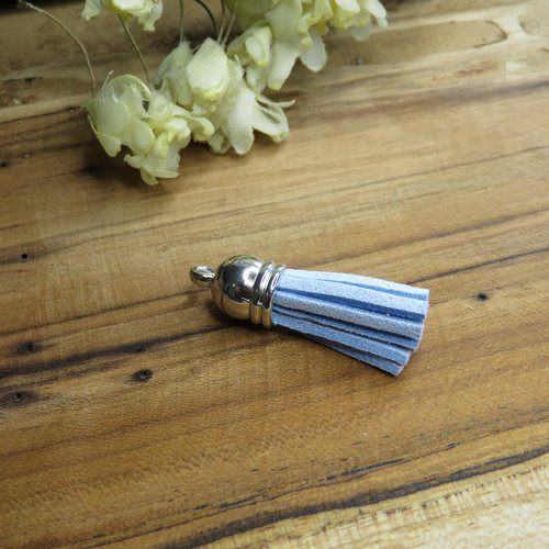 Pompon / gland suédine coupole argentée bleu ciel